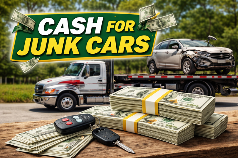 photo shows Big Wheel Wrecker Service flat bed with junk car on bed and stack of money